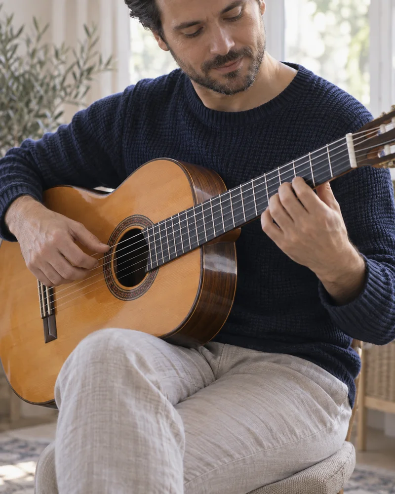A guitarist practicing a passage on a classical acoustic guitar.