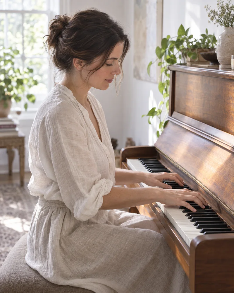 A musician finding a quiet moment to play an upright piano in a sunlit room.
